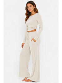 White Ribbed Knit Lounge Set with Ruched Crop Top and Wide Leg Pants
