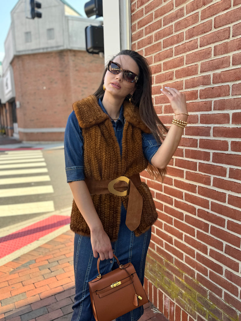 Braided Mink Vest Cognac