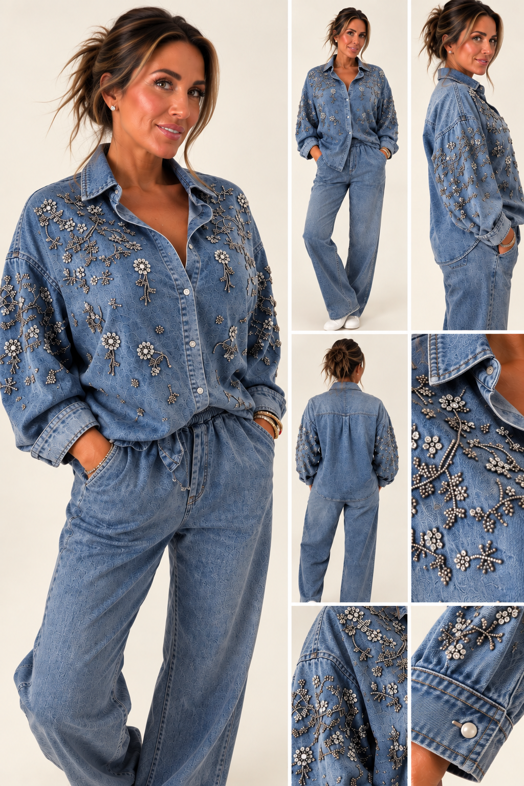 Crystal-Embellished Washed Denim Pant Set