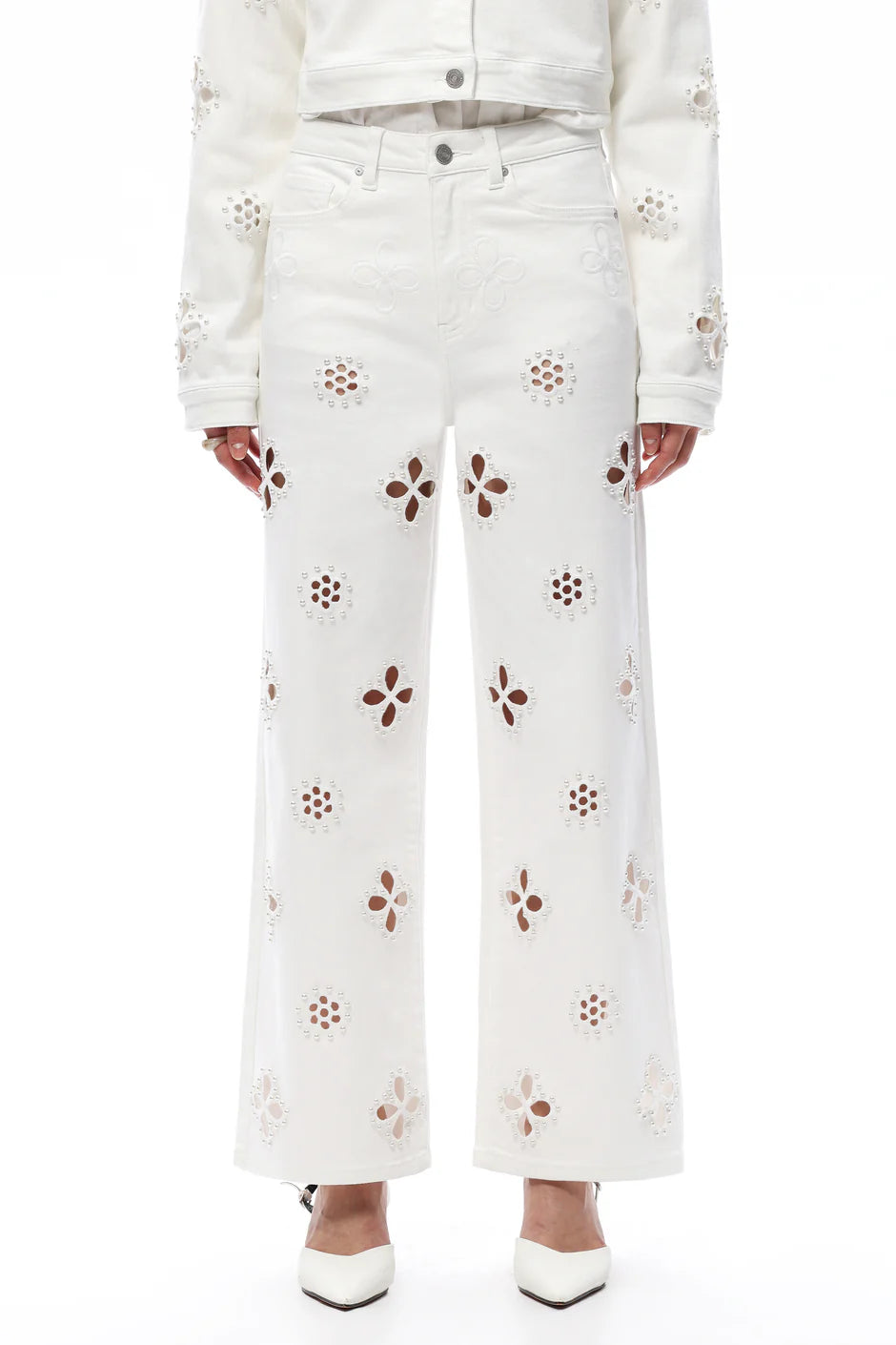 White Floral Cutout Wide-Leg Pants