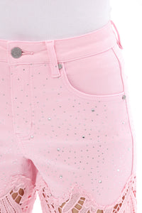Pink Wide Leg Jeans with Sheer Floral Lace Panels