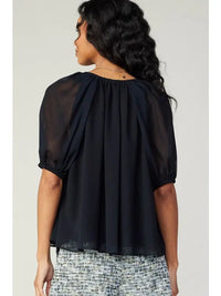 Black Sheer Puff Sleeve Flowy Blouse