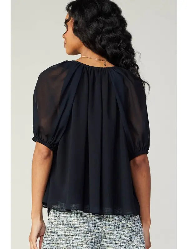 Black Sheer Puff Sleeve Flowy Blouse