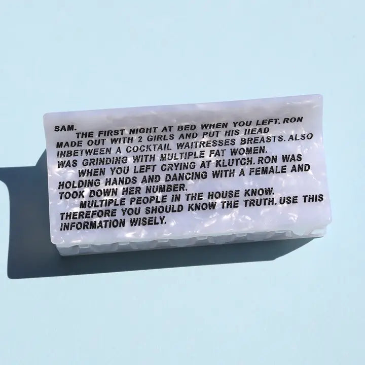 Pearlescent Rectangular Statement Hair Claw Clip with Graphic Text