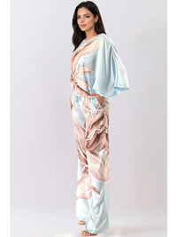 Blue Satin Floral Dolman Sleeve Top & Wide-Leg Pants Set