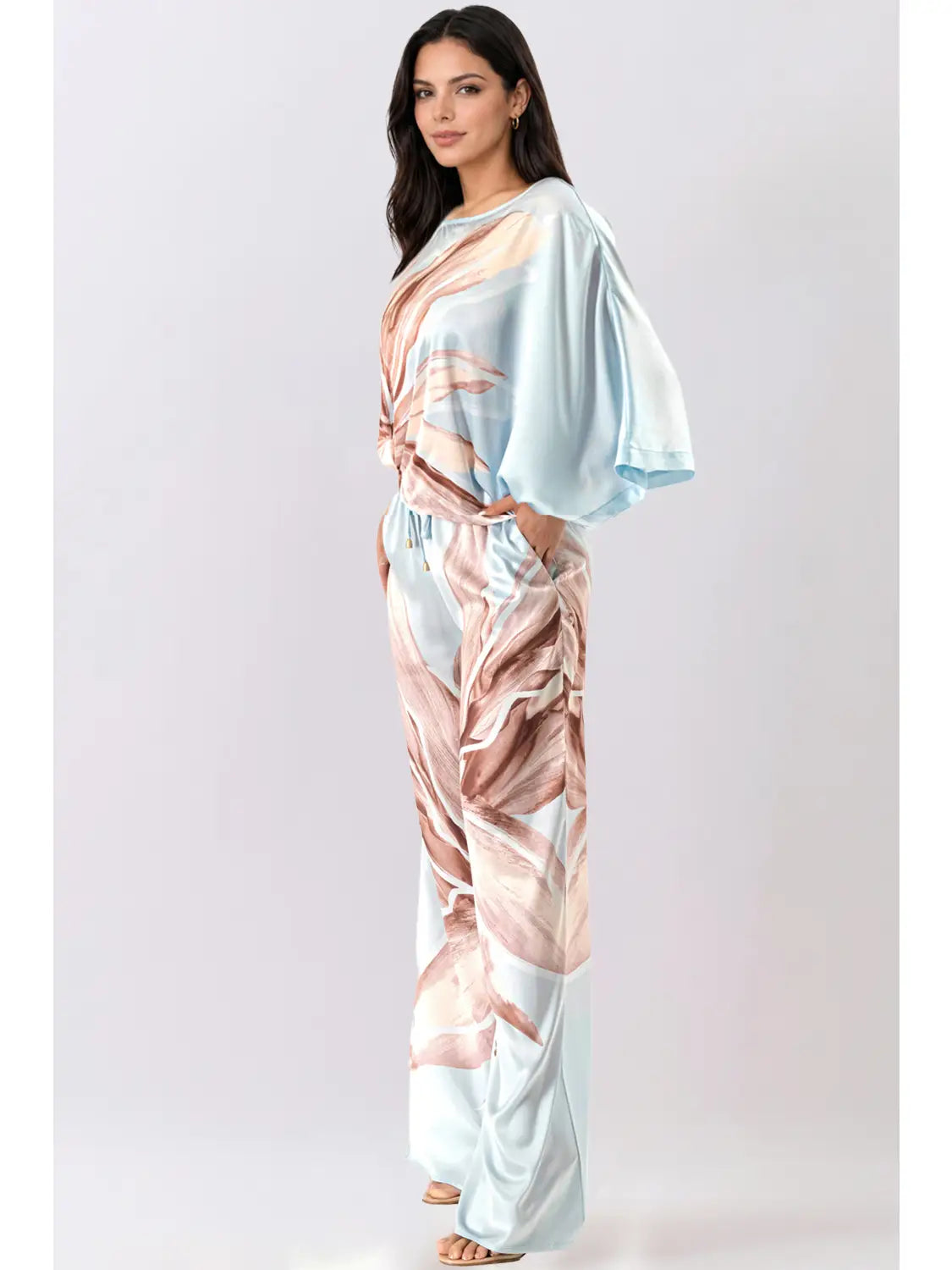 Blue Satin Floral Dolman Sleeve Top & Wide-Leg Pants Set