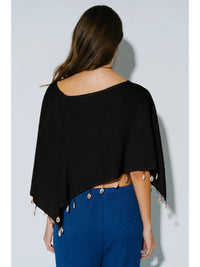 Black Sheer Knit Poncho Top with Shell Tassel Trim