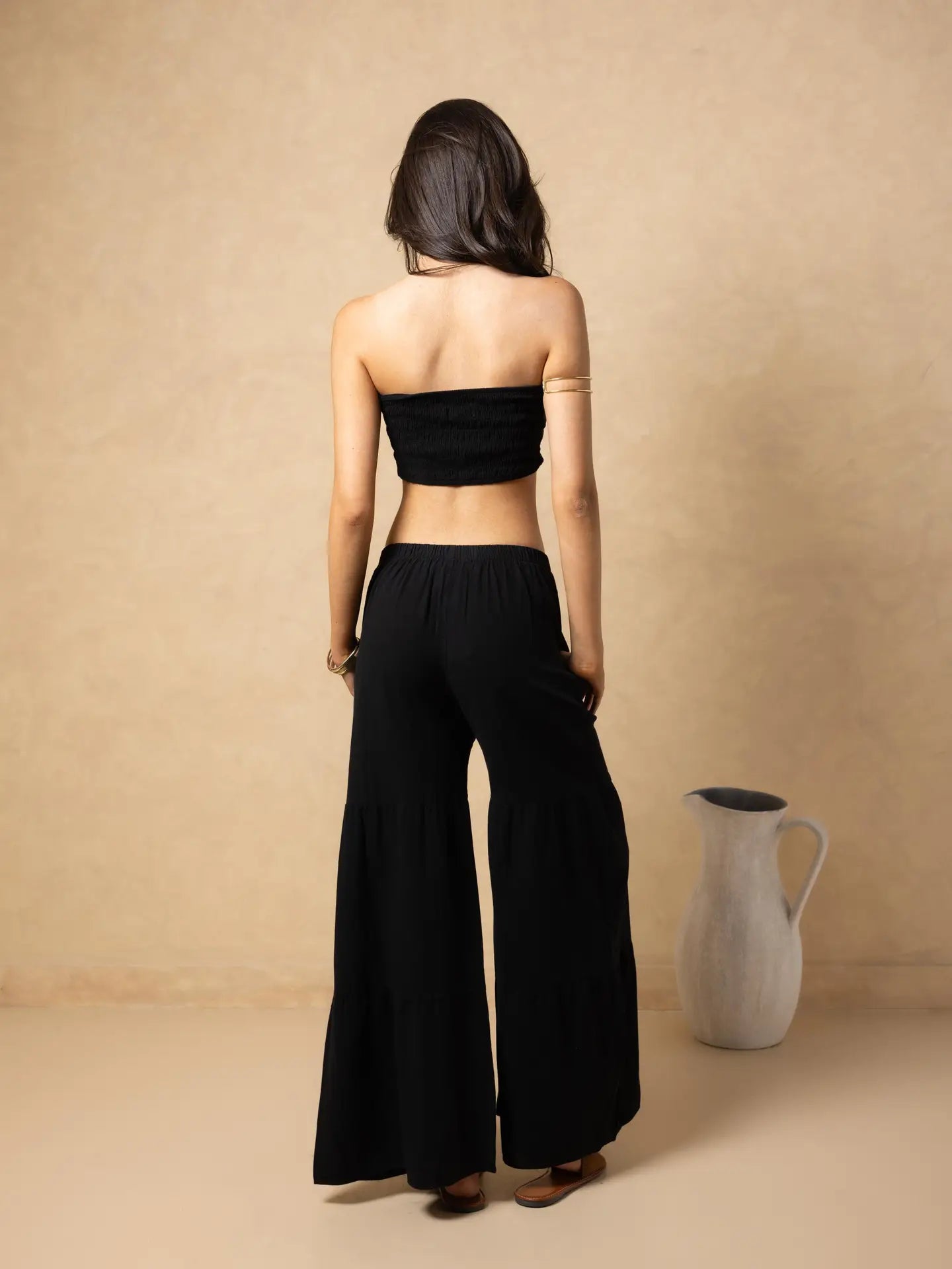Black Wide-Leg Flowy Pants with Elastic Waist
