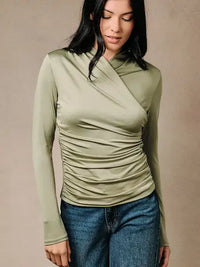 Crossover Collar Ruched Long Sleeve Fitted Top