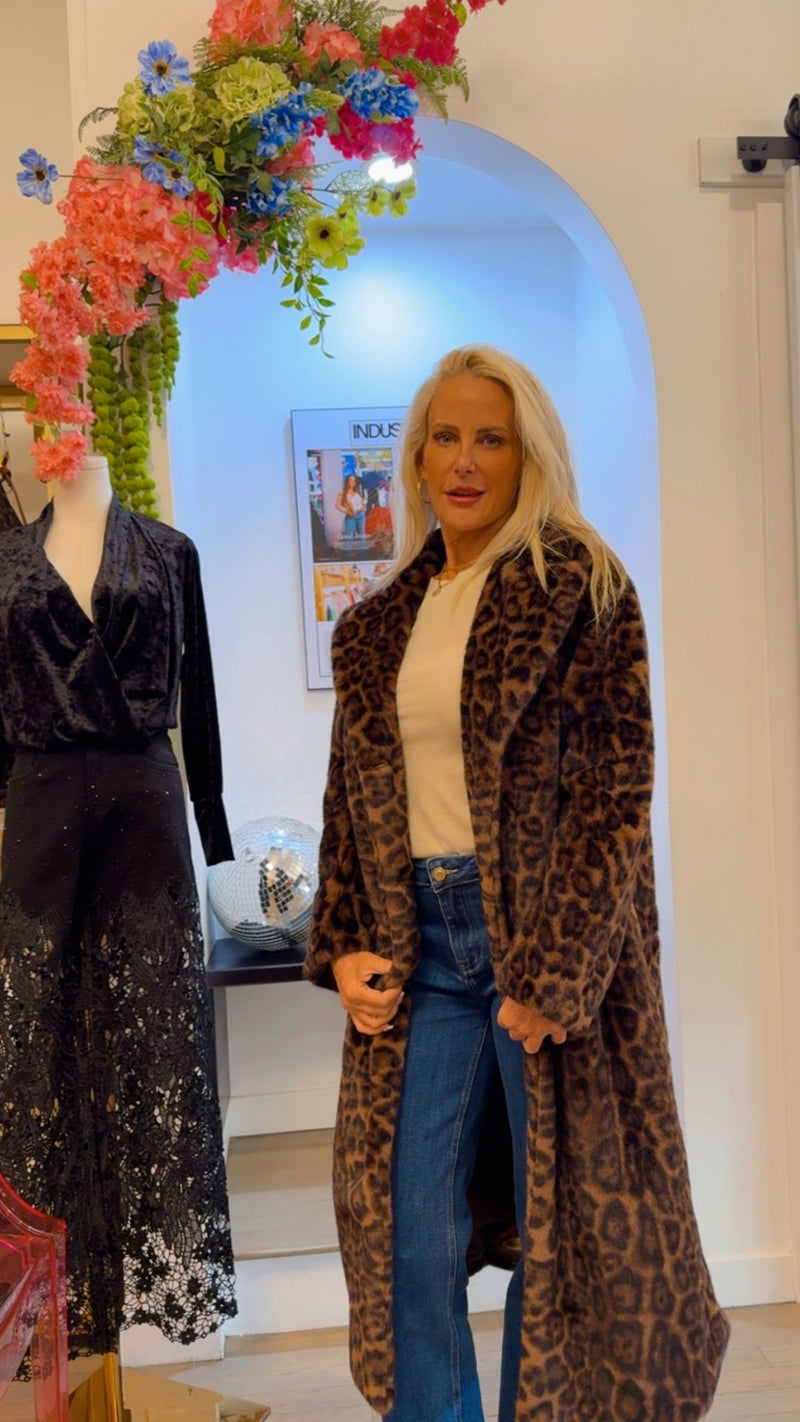 Leopard Print Vegan Fur Long Coat with Oversized Collar