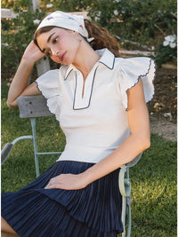 Scalloped Trim Flutter Sleeve Collared Knit Top