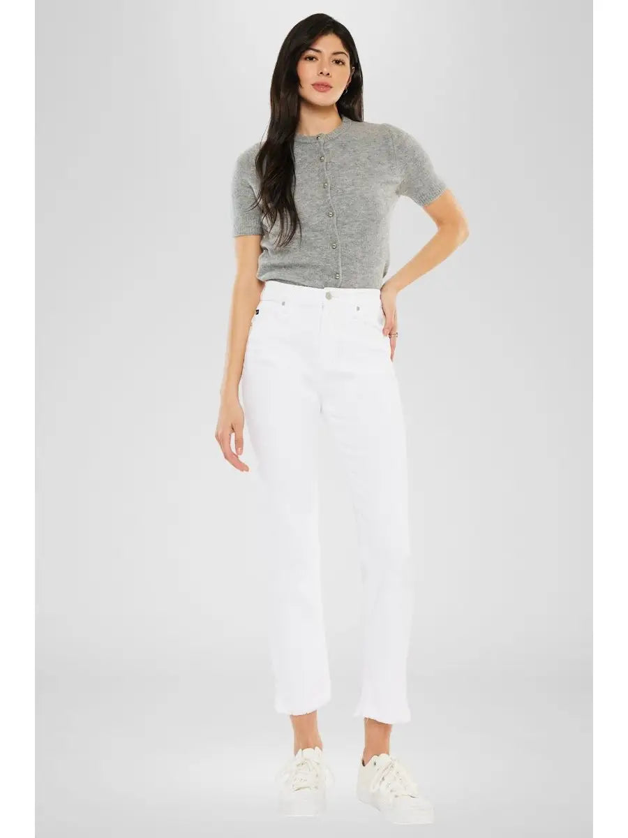 High Rise White Straight Leg Cropped Jeans with Raw Hem