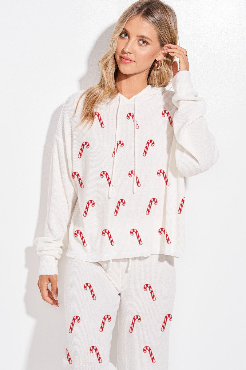 Candy Cane Print Hoodie Loungewear Set