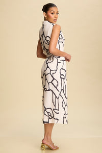 Abstract Black and White Sleeveless Wrap Midi Dress