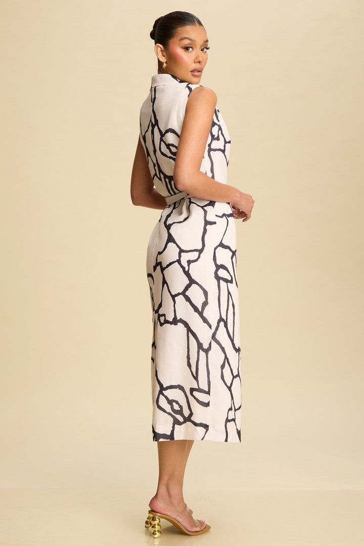 Abstract Black and White Sleeveless Wrap Midi Dress