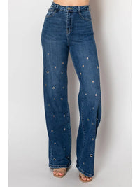 Grommet Studded Flare Denim Pants