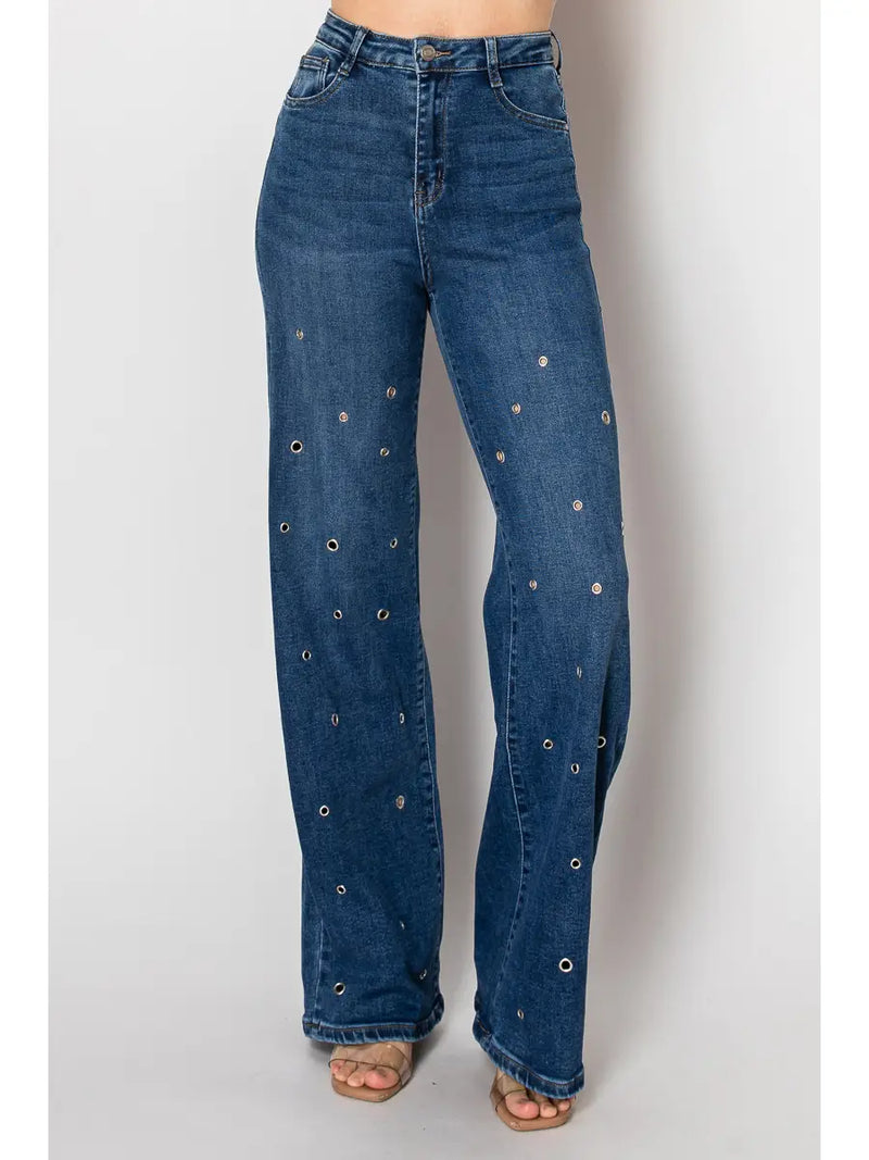Grommet Studded Flare Denim Pants