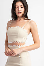 LINEN CROP TOP W CONTRAST LACE AND BACK TIE