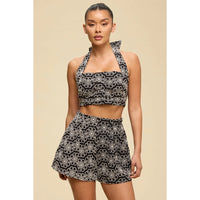 Black Floral Halter Crop Top & High Waist Shorts Set