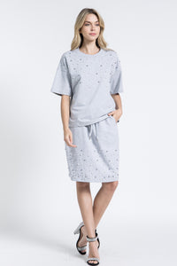 Grey Pearl Embellished Short Sleeve Top