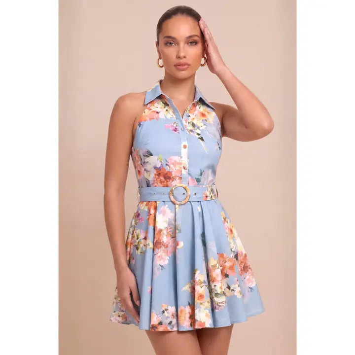 Blue Floral Halter Mini Dress with Button Front and Belted Waist
