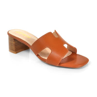 Tan Cutout Strap Block Heel Slide Sandals
