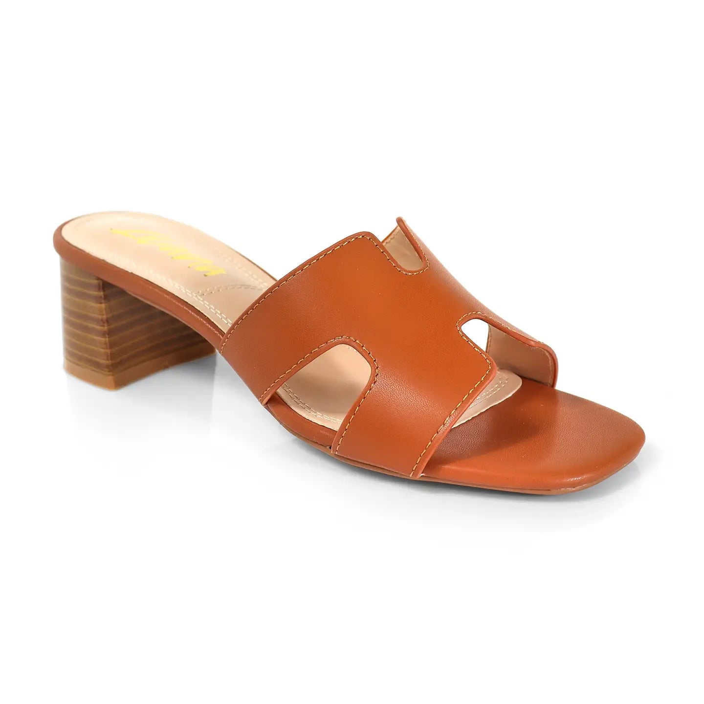 Tan Cutout Strap Block Heel Slide Sandals