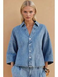 Light Wash Denim Cropped Button Front Shirt