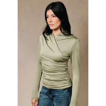 Crossover Collar Ruched Long Sleeve Fitted Top