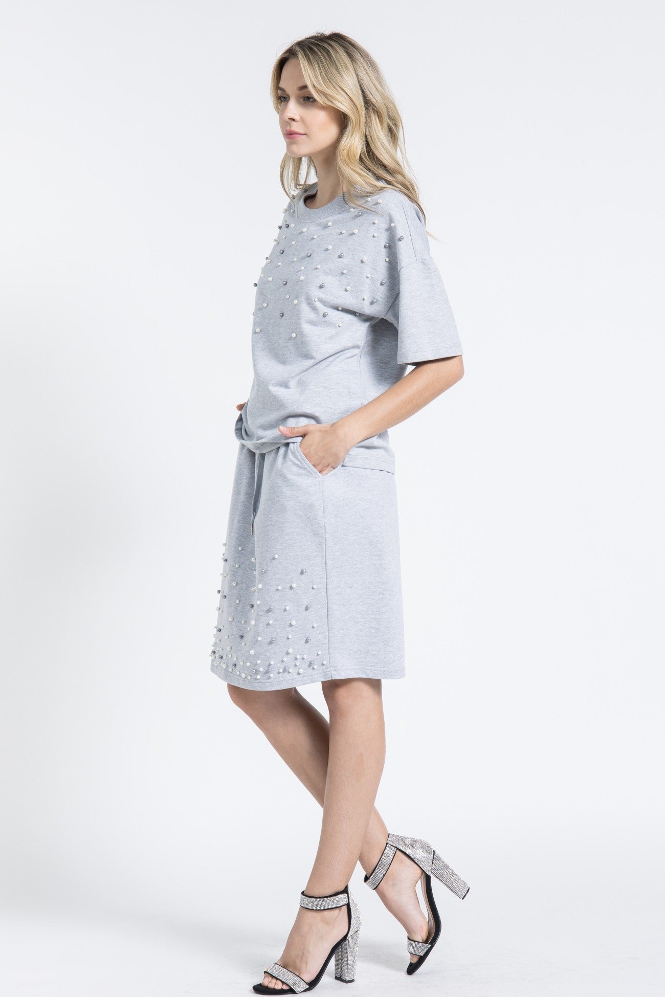 Grey Pearl Embellished Short Sleeve Top