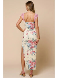 Floral Lace Trim Midi Dress with Side Slit and Stretch Fit