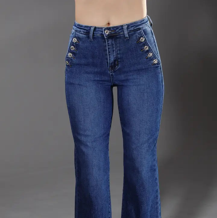 High Waist Button Detail Flare Jeans