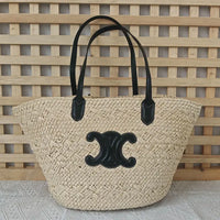 Straw Woven Tote Bag with Tan Leather Handles and Logo Detail