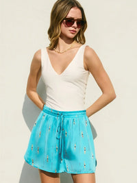 Blue Printed Drawstring Flowy Shorts