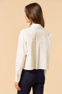 Cropped Button-Up Shirt with Floral Appliqué Detail and Long Sleeves
