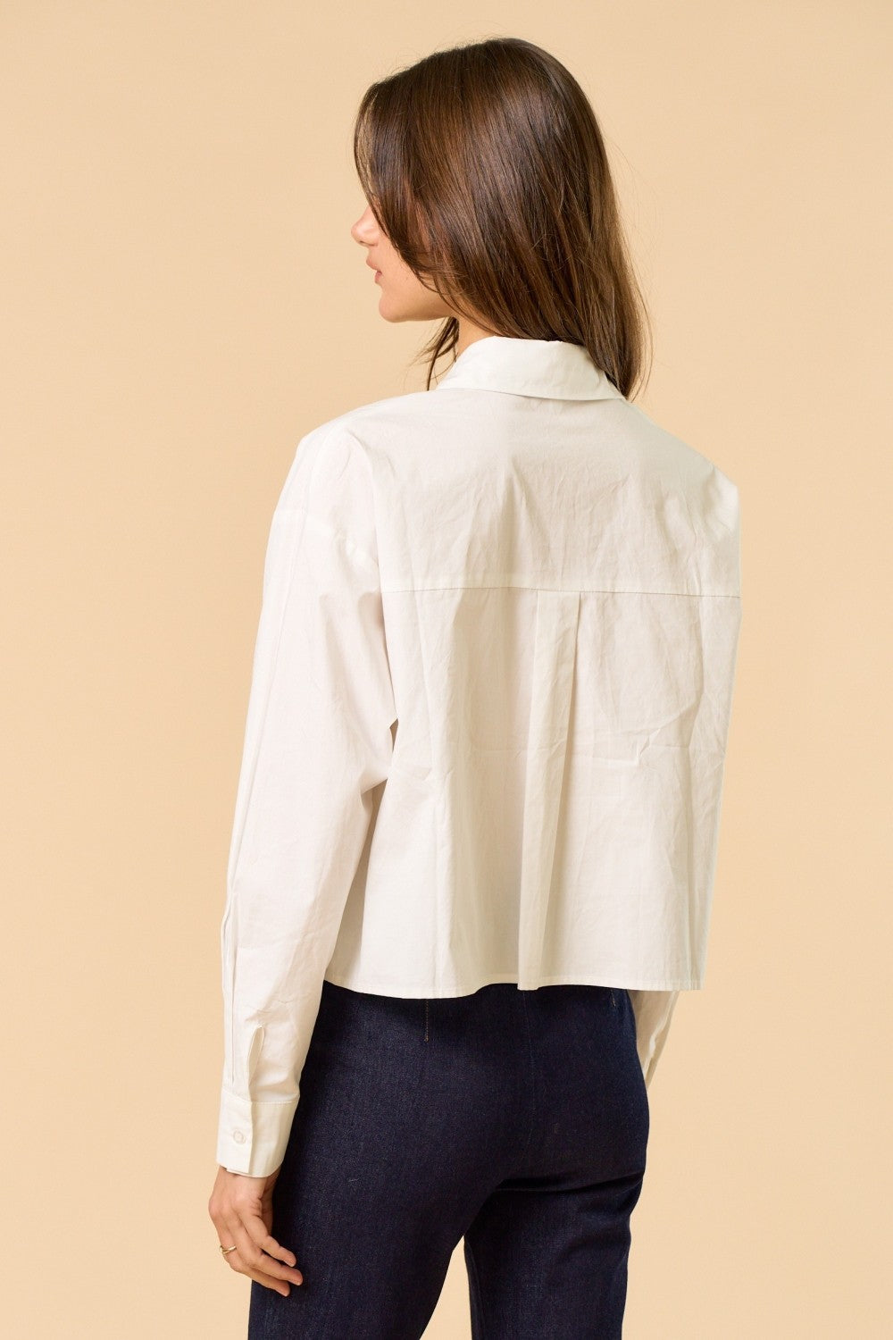 Cropped Button-Up Shirt with Floral Appliqué Detail and Long Sleeves