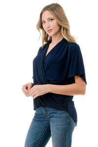 Navy Draped Surplice Short Sleeve Blouse Top