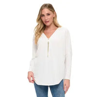 White V-Neck Zip Front Long Sleeve Blouse