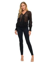 Black Sheer Lace V-Neck Long Sleeve Blouse Top