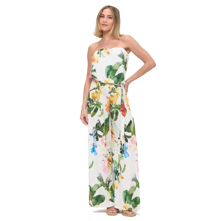 Tropical Floral Strapless Wide Leg Jumpsuit