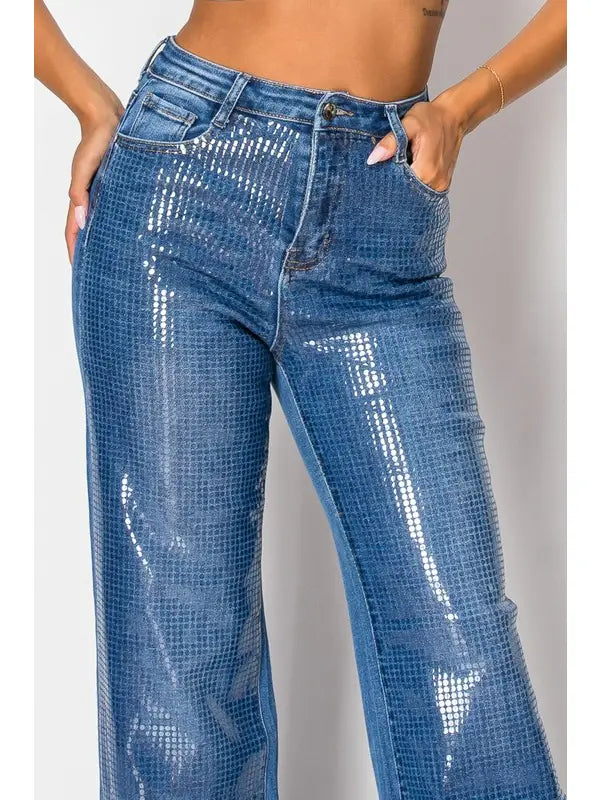 Sequin High-Waisted Flare Jeans
