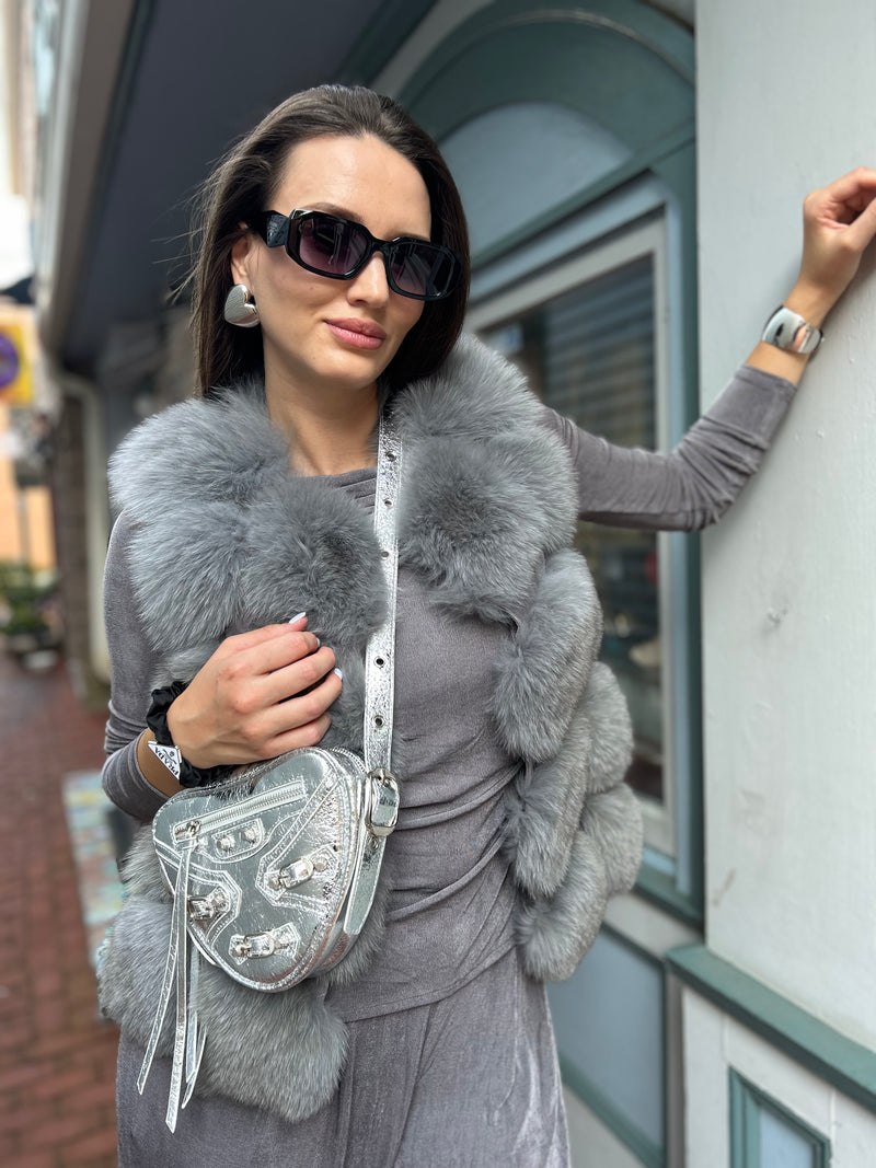 Smoke grey diagonal fur vest