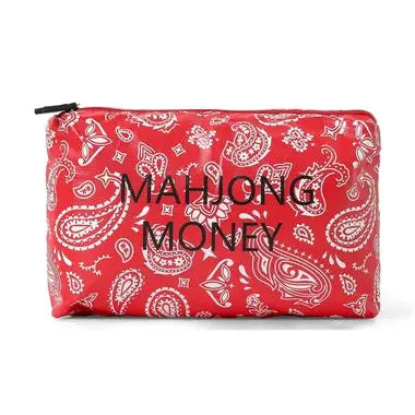 Red Bandana Print Mahjong Money Zip Pouch Clutch