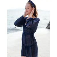 Navy Open Knit V-Neck Beach Cover-Up Tunic