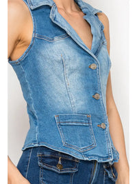 Tailored Sleeveless Button-Down Denim Vest