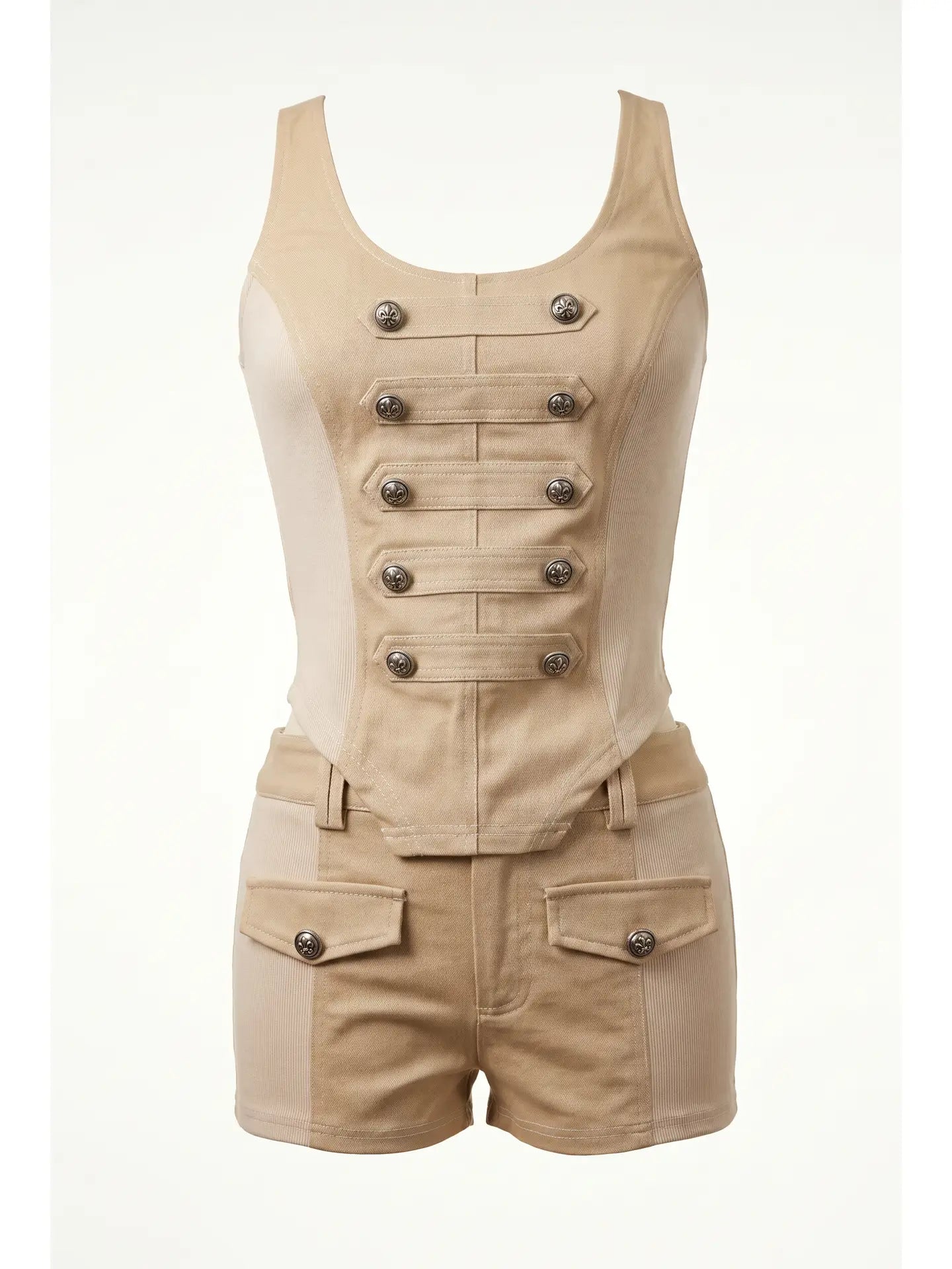 Ribbed Contrast Napoleon Button Sleeveless Tank Top and Shorts Set