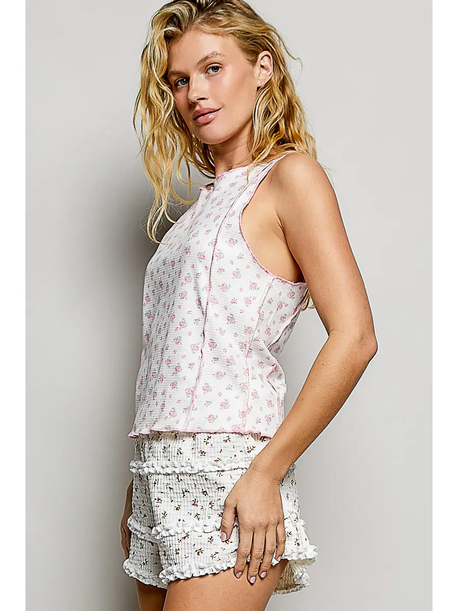 Floral Print Sleeveless Ribbed Tank Top with Lettuce Edge Trim