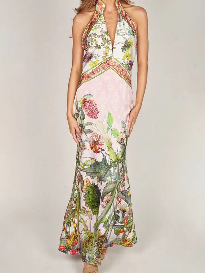 Botanical Print Halter Neck Maxi Dress