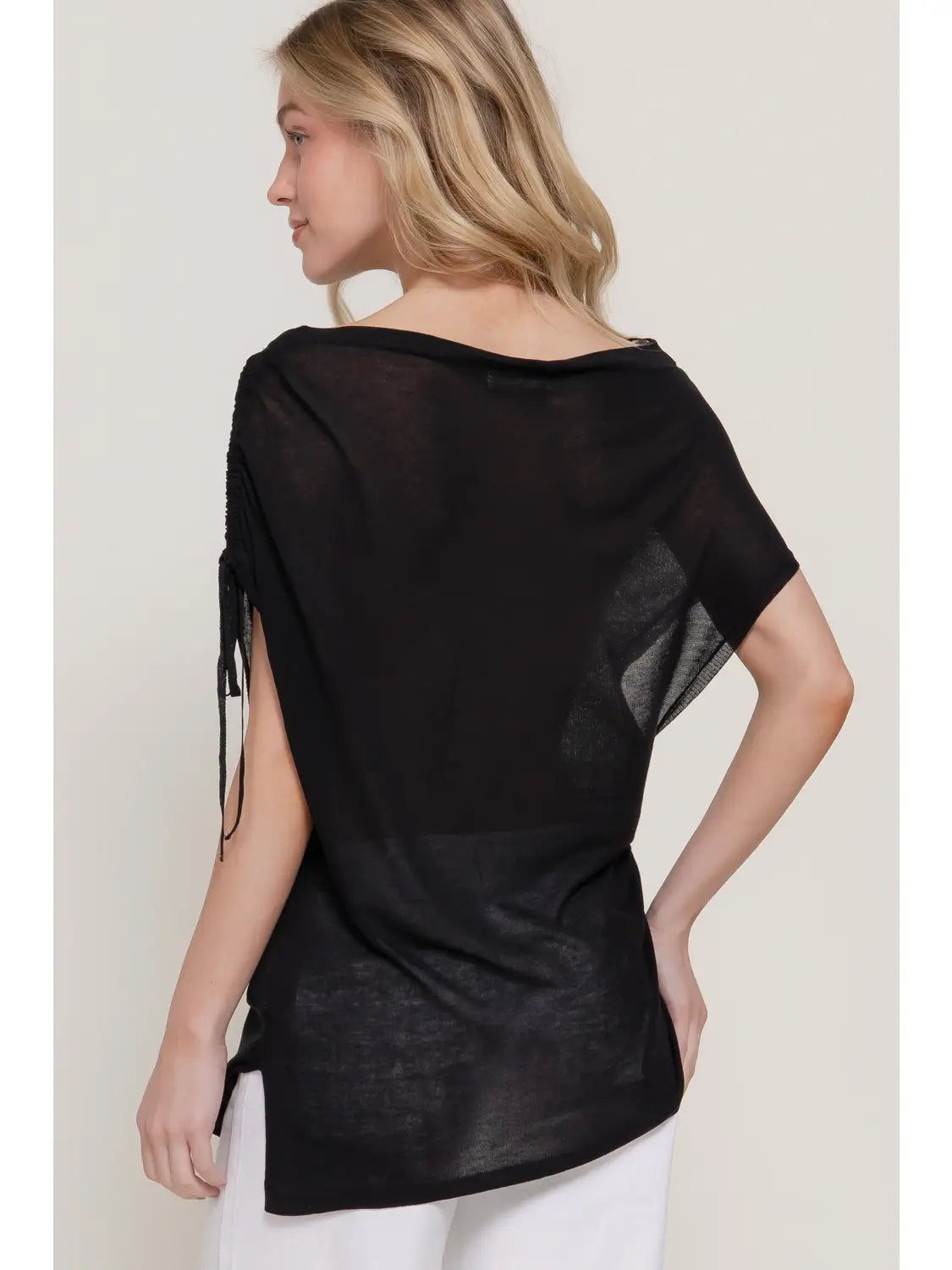 Black One Shoulder Drawstring Side Top