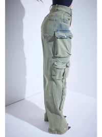 Utility Luxe Multi-Pocket Cargo Jeans in Washed Olive
